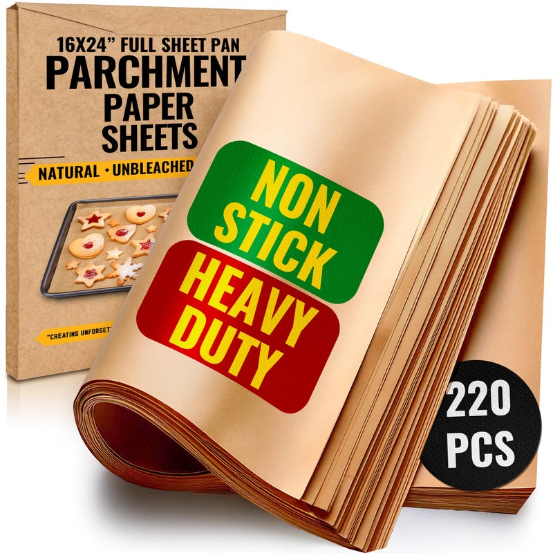 Baker's Signature 220 Sheets Full Sheet Pan 16 x 24 Inch Parchment Paper Baking Sheets by Bakers Signature  Precut Silicone Coated  Unbleached  Will Not Curl or Burn  NonToxic  Comes in Convenient Packaging 