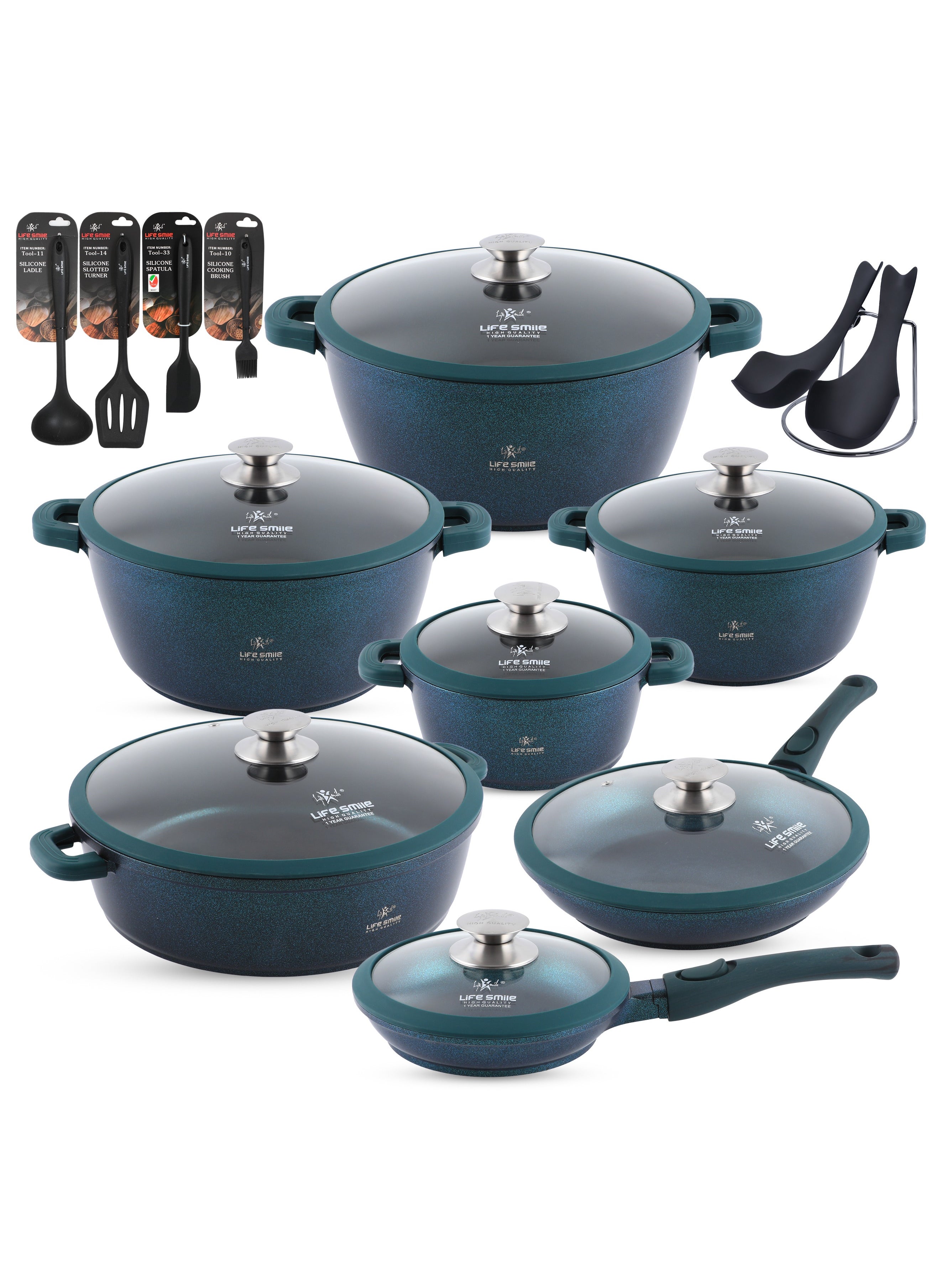 Cookware Set 31 pieces -Pots and Pans set Granite Non Stick Coating 100% PFOA FREE, Induction Base Cooking Set include Casseroles & Shallow Pot & Fry Pans & Silicone Utensils 