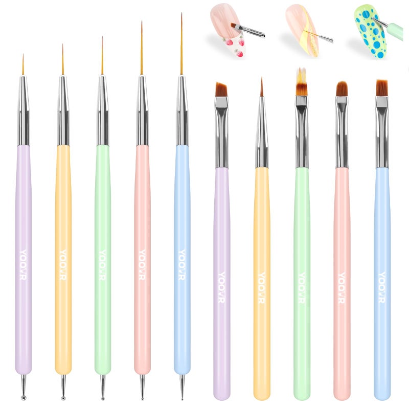 YOOVR 10 Pcs Nail Art Brushes Set, Nail Dotting Tools, French Tip Tool, Nail Art Deign Tools with Builder Gel Brush Polish Extension Brush Thin Liner Detail Painting Brushes, Nail Tech Supplies Kit - Image 1