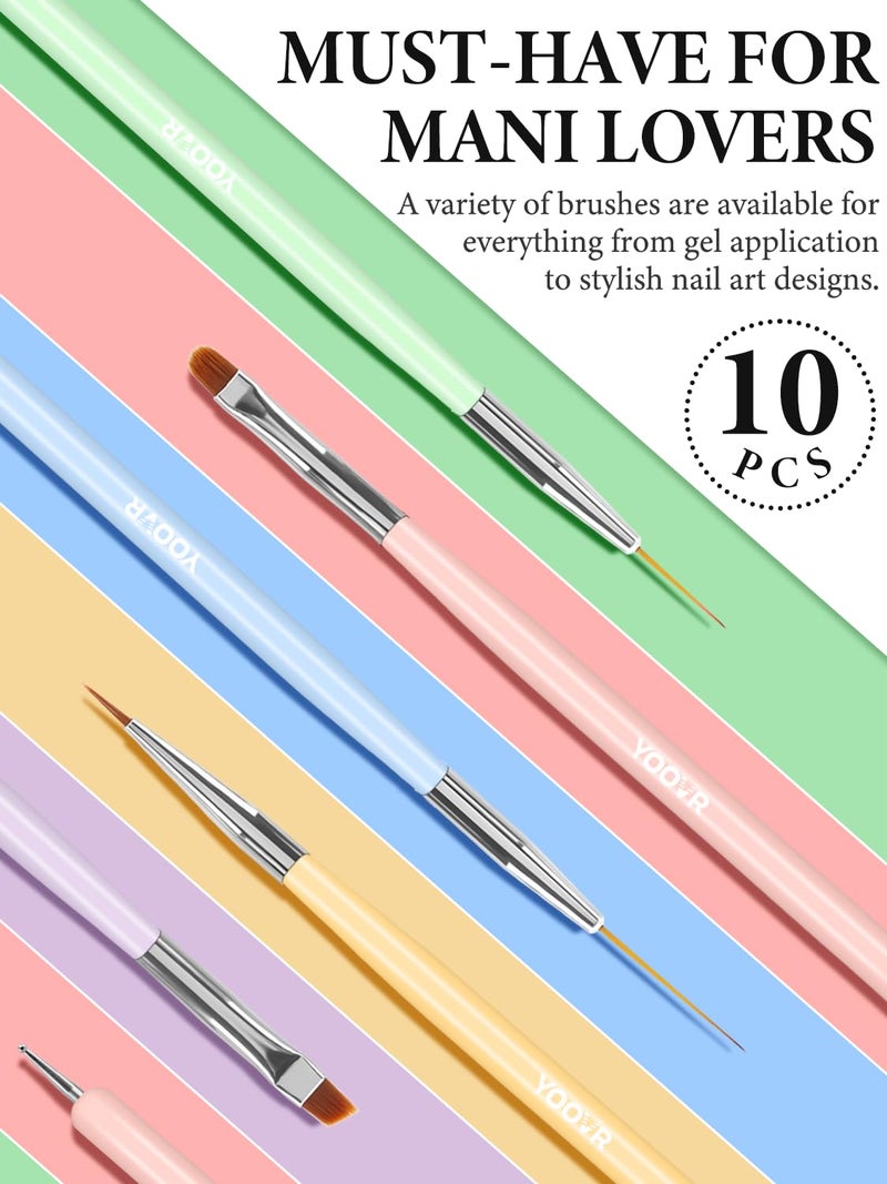 YOOVR 10 Pcs Nail Art Brushes Set, Nail Dotting Tools, French Tip Tool, Nail Art Deign Tools with Builder Gel Brush Polish Extension Brush Thin Liner Detail Painting Brushes, Nail Tech Supplies Kit - Image 2