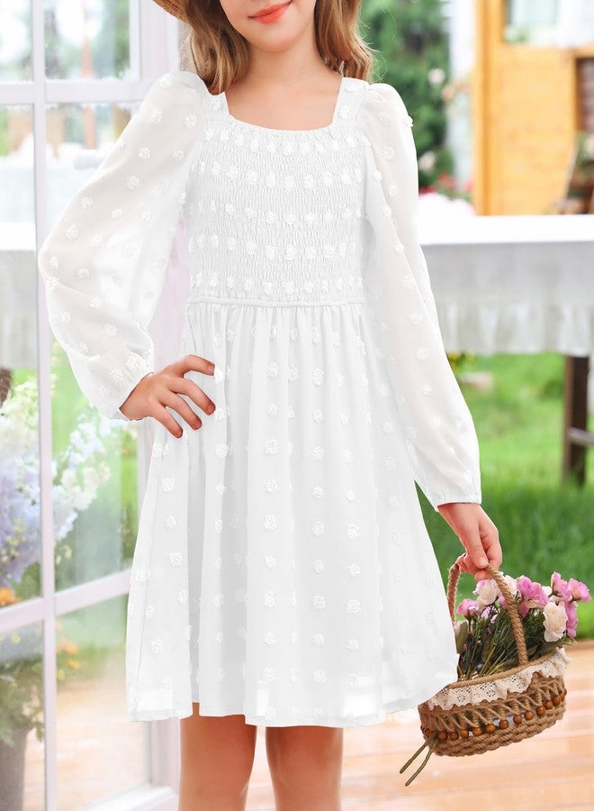 HOSIKA Girls Long Sleeve Dress Swiss Dot Square Neck Smocked Fall Dresses with Pockets 6-12 Years, White, 12 Years - Image 4