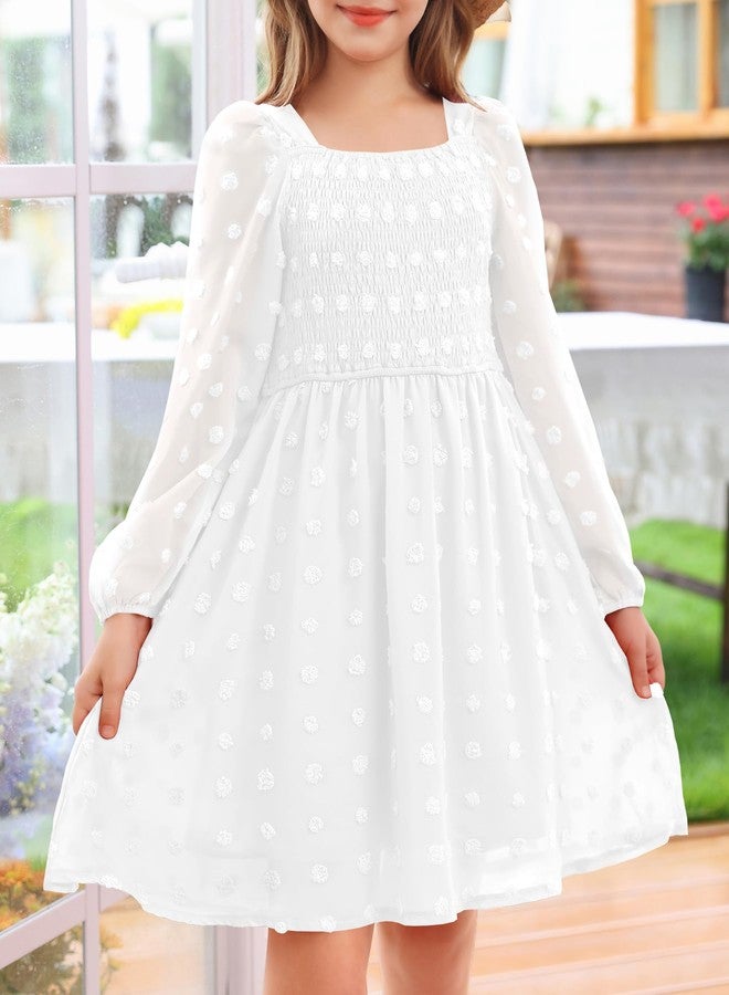 HOSIKA Girls Long Sleeve Dress Swiss Dot Square Neck Smocked Fall Dresses with Pockets 6-12 Years, White, 12 Years - Image 3