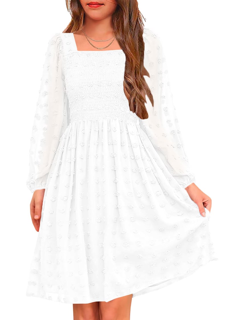 HOSIKA Girls Long Sleeve Dress Swiss Dot Square Neck Smocked Fall Dresses with Pockets 6-12 Years, White, 12 Years - Image 1