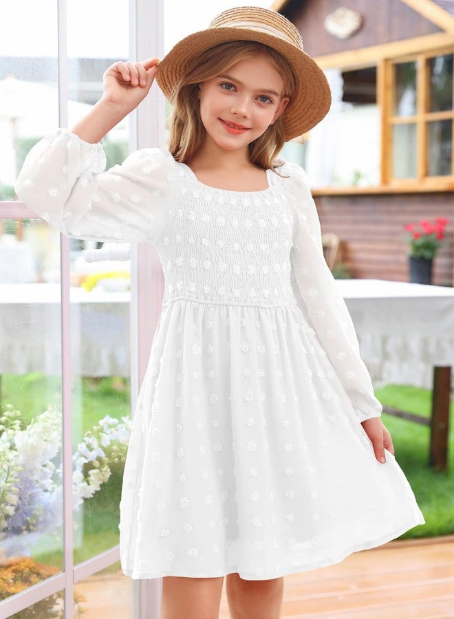 HOSIKA Girls Long Sleeve Dress Swiss Dot Square Neck Smocked Fall Dresses with Pockets 6-12 Years, White, 12 Years - Image 2