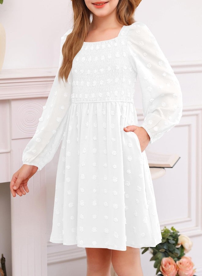 HOSIKA Girls Long Sleeve Dress Swiss Dot Square Neck Smocked Fall Dresses with Pockets 6-12 Years, White, 12 Years - Image 5