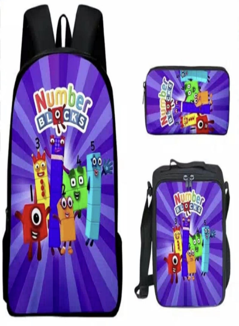 NumberBlocks Children Backpack Schoolbag Teen Student School Book bag with Lunch Box Pen Case 3 in 1 for Kids