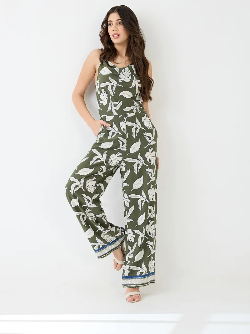 globus Globus Women Green Tropical Printed Cowl Neck Shoulder Strap Longline Party Jumpsuit