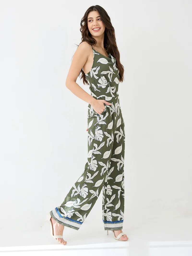 globus Globus Women Green Tropical Printed Cowl Neck Shoulder Strap Longline Party Jumpsuit