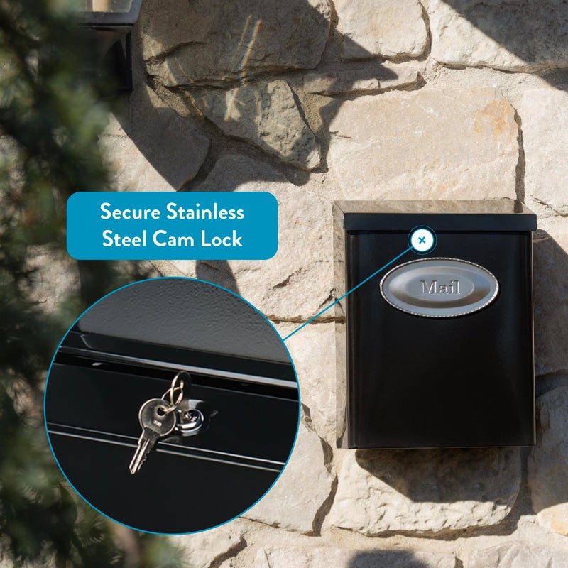 Architectural Mailboxes Designer Galvanized Steel, Locking Wall Mount Mailbox, Black with Satin Nickel - Image 2