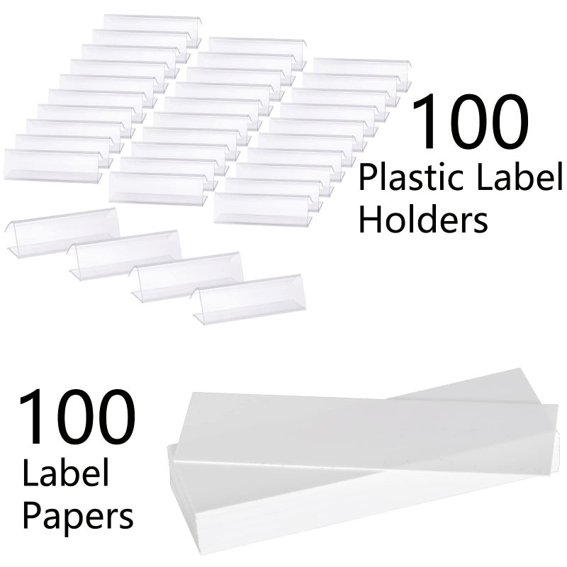 Hedume 100 Pcs Plastic Label Holder with 100 Pcs Label Inserts, 3" L x1" H Clear Plastic Shelf Label Holder, Shelf Sign and Ticket Holder, Clips On to Shelves 5/8" to 3/4" Thick - Image 2