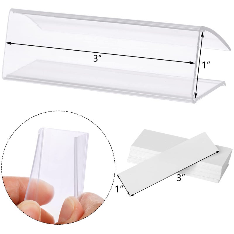Hedume 100 Pcs Plastic Label Holder with 100 Pcs Label Inserts, 3" L x1" H Clear Plastic Shelf Label Holder, Shelf Sign and Ticket Holder, Clips On to Shelves 5/8" to 3/4" Thick - Image 4