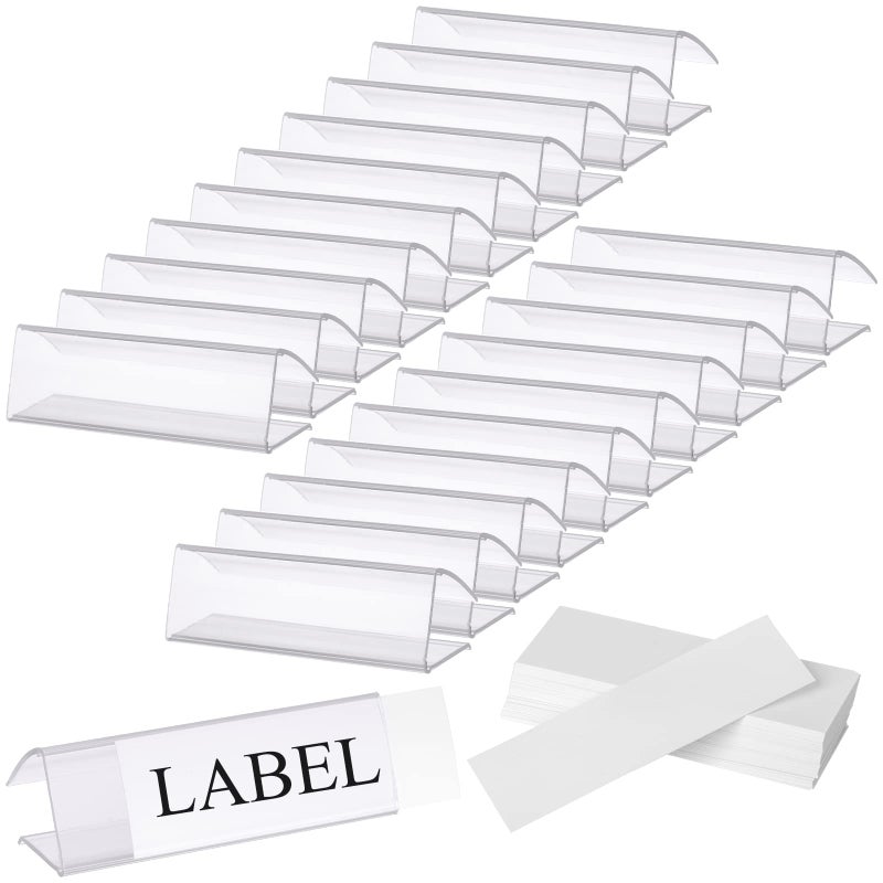 Hedume 100 Pcs Plastic Label Holder with 100 Pcs Label Inserts, 3" L x1" H Clear Plastic Shelf Label Holder, Shelf Sign and Ticket Holder, Clips On to Shelves 5/8" to 3/4" Thick - Image 1