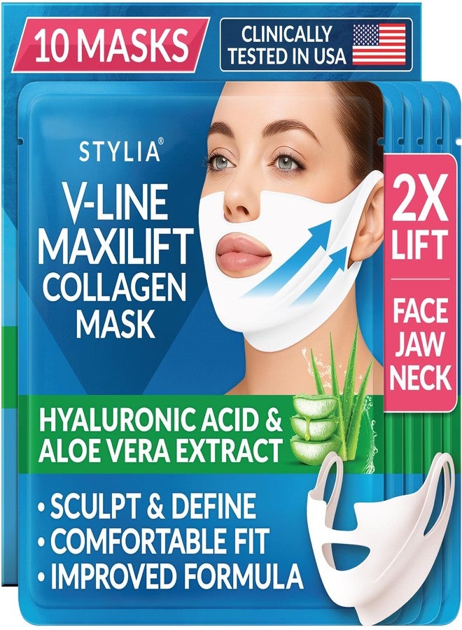 Stylia MaxiLift V-Line Lifting Collagen Face Mask - Double Chin Strap - Jawline Shaper - Neck Firming and Tightening Mask with Hyaluronic Acid & Aloe Vera - Chin Strap for Sleeping (10PC) - Image 1