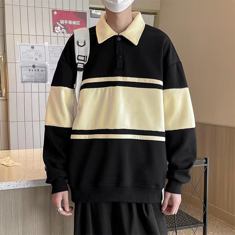 Mens Striped Contrast Polo Sweatshirt Autumn Casual Thick Outerwear Coffee  - Image 4