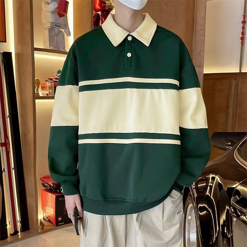 Mens Striped Contrast Polo Sweatshirt Autumn Casual Thick Outerwear Coffee  - Image 2