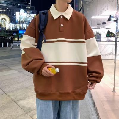 Mens Striped Contrast Polo Sweatshirt Autumn Casual Thick Outerwear Coffee  - Image 1