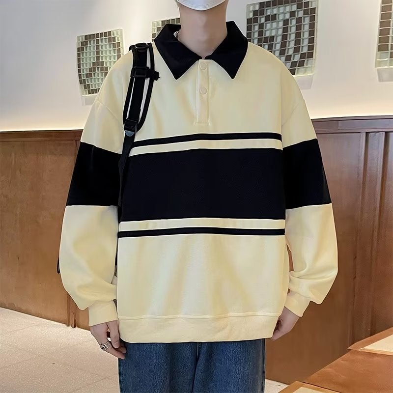 Mens Striped Contrast Polo Sweatshirt Autumn Casual Thick Outerwear Coffee  - Image 3