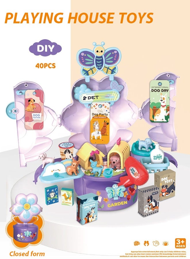 40 children's toy tables, Children's Pet Store Theme Flower shaped Game House, dollhouse with pet shop themeequipped with realistic puppies and kittens, various pet tools, pretend game toys, realist - Image 1