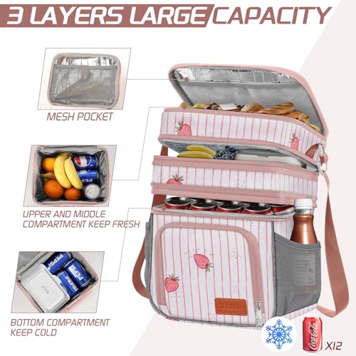 ZRSUN Insulated Lunch Bag for Women Men Reusable 3 Layers Lunch Box Women Expandable Reusable Waterresistant Lunch Box for Work Travel Office Picnic Hiking Pink - Image 3