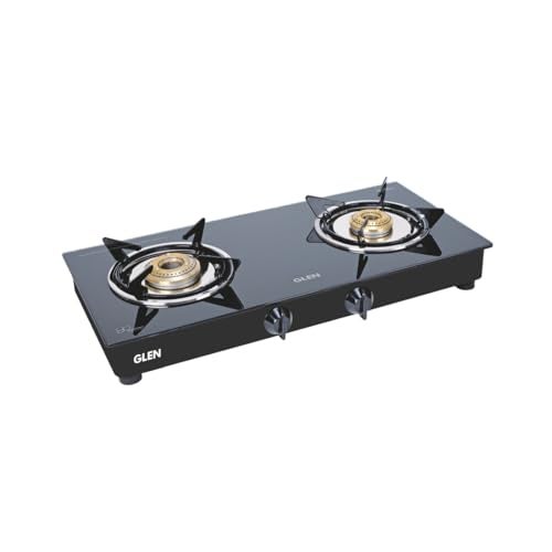 Glen Gas Stove 2 Burner | 6mm Thick Toughened Glass Top LPG Gas Stoves | Brass Burner ISI Certified Black Drip Trays | Revolving Inlet Nozzle | 2 Year Standard Warranty - Image 1