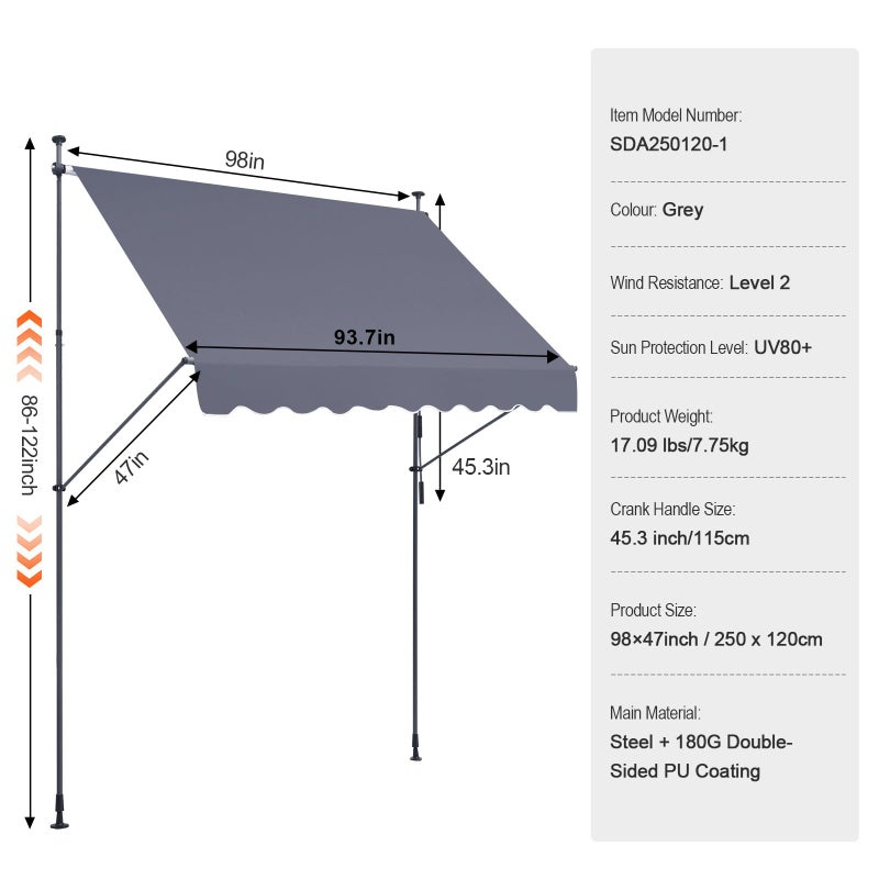VEVOR 98" x 47" Patio Awning Retractable, Outdoor Retractable Patio Awning Sunshade Shelter, Adjustable Patio Door Window Canopy with Manual Crank Handle for Backyard, Garden, Balcony, Dark Gray - Image 3