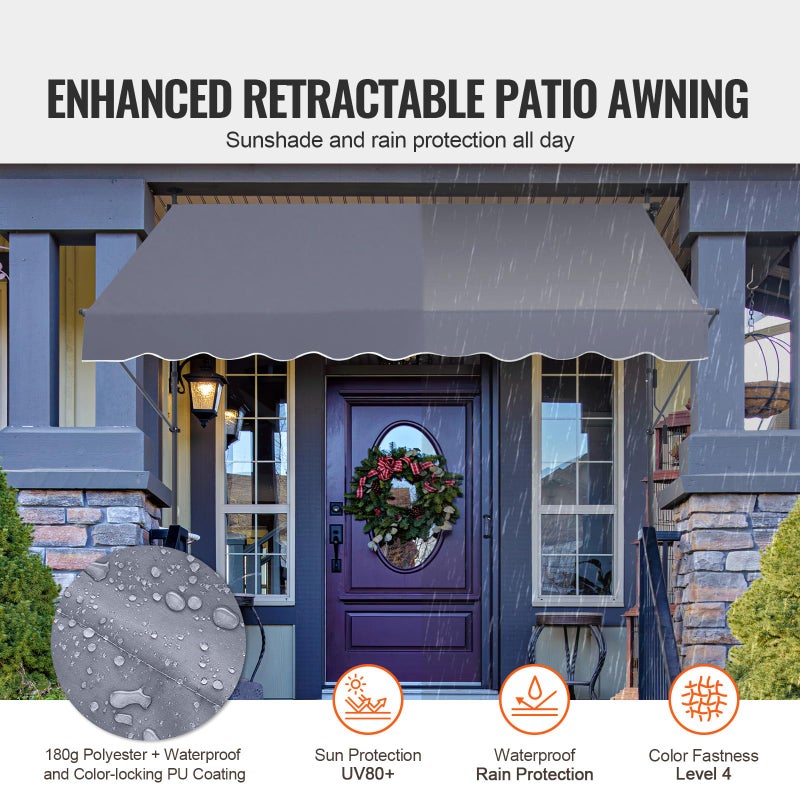 VEVOR 98" x 47" Patio Awning Retractable, Outdoor Retractable Patio Awning Sunshade Shelter, Adjustable Patio Door Window Canopy with Manual Crank Handle for Backyard, Garden, Balcony, Dark Gray - Image 2