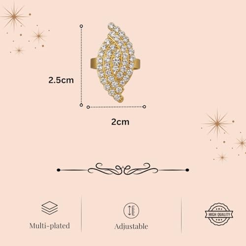 ACCESSHER Gold Plated Contemporary Style Inspired American Diamond Embellished Square Shape Design Adjustable Statement Finger Ring for Women and Girls (Design 5) - Image 5