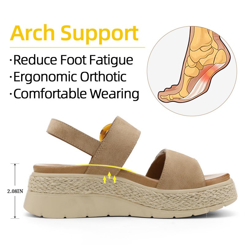 UBFEN Womens Espadrille Platform Sandals Low Wedge Heel - Orthopedic Arch Support, Cushion Insole, Comfortable Dressy Buckle Sandals for Walking and Vacation A Khaki Size US 9 - Image 5