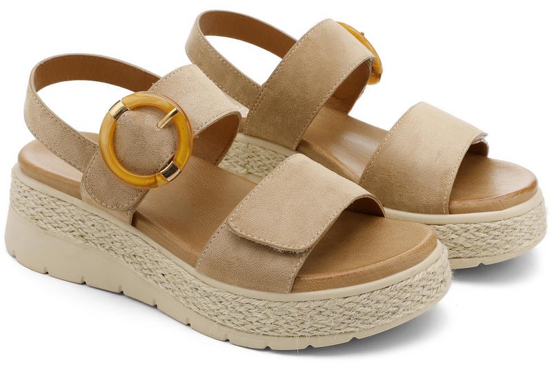 UBFEN Womens Espadrille Platform Sandals Low Wedge Heel - Orthopedic Arch Support, Cushion Insole, Comfortable Dressy Buckle Sandals for Walking and Vacation A Khaki Size US 9 - Image 3