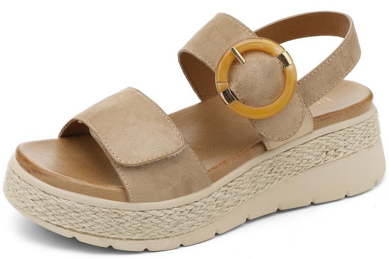 UBFEN Womens Espadrille Platform Sandals Low Wedge Heel - Orthopedic Arch Support, Cushion Insole, Comfortable Dressy Buckle Sandals for Walking and Vacation A Khaki Size US 9 - Image 1