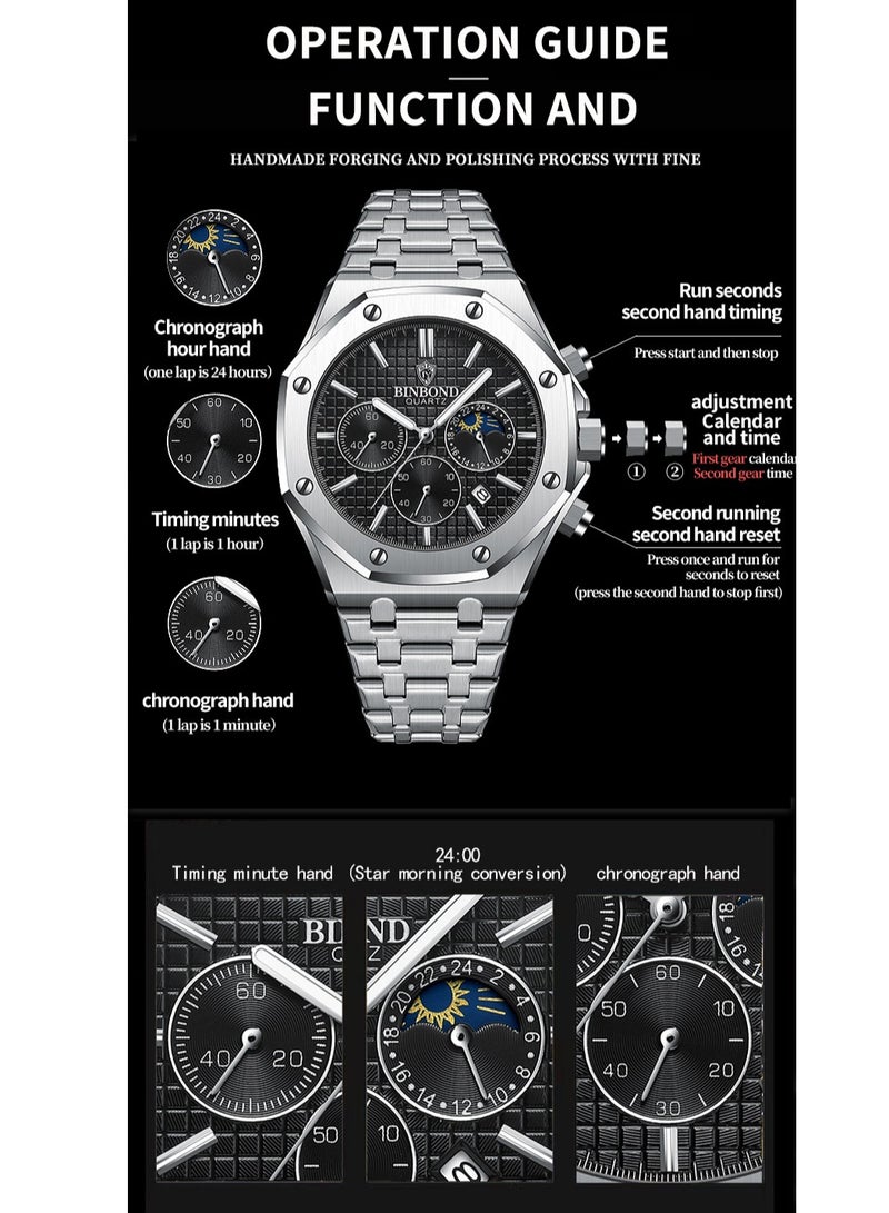 BINBOND Men's New Creative Moon Phase Water Resistant Stainless Steel Chronograph Quartz Watch - Black - Image 5