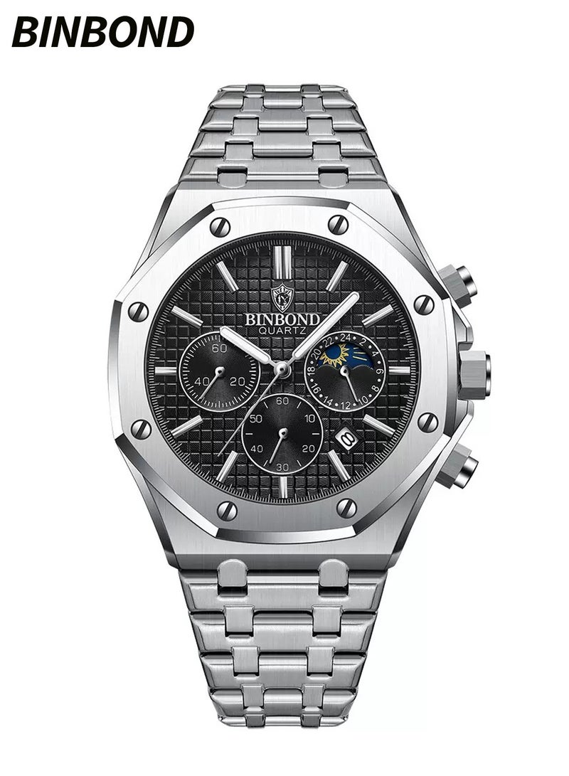 BINBOND Men's New Creative Moon Phase Water Resistant Stainless Steel Chronograph Quartz Watch - Black - Image 1