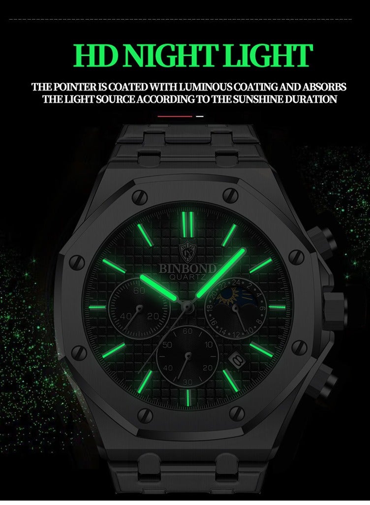 BINBOND Men's New Creative Moon Phase Water Resistant Stainless Steel Chronograph Quartz Watch - Black - Image 4