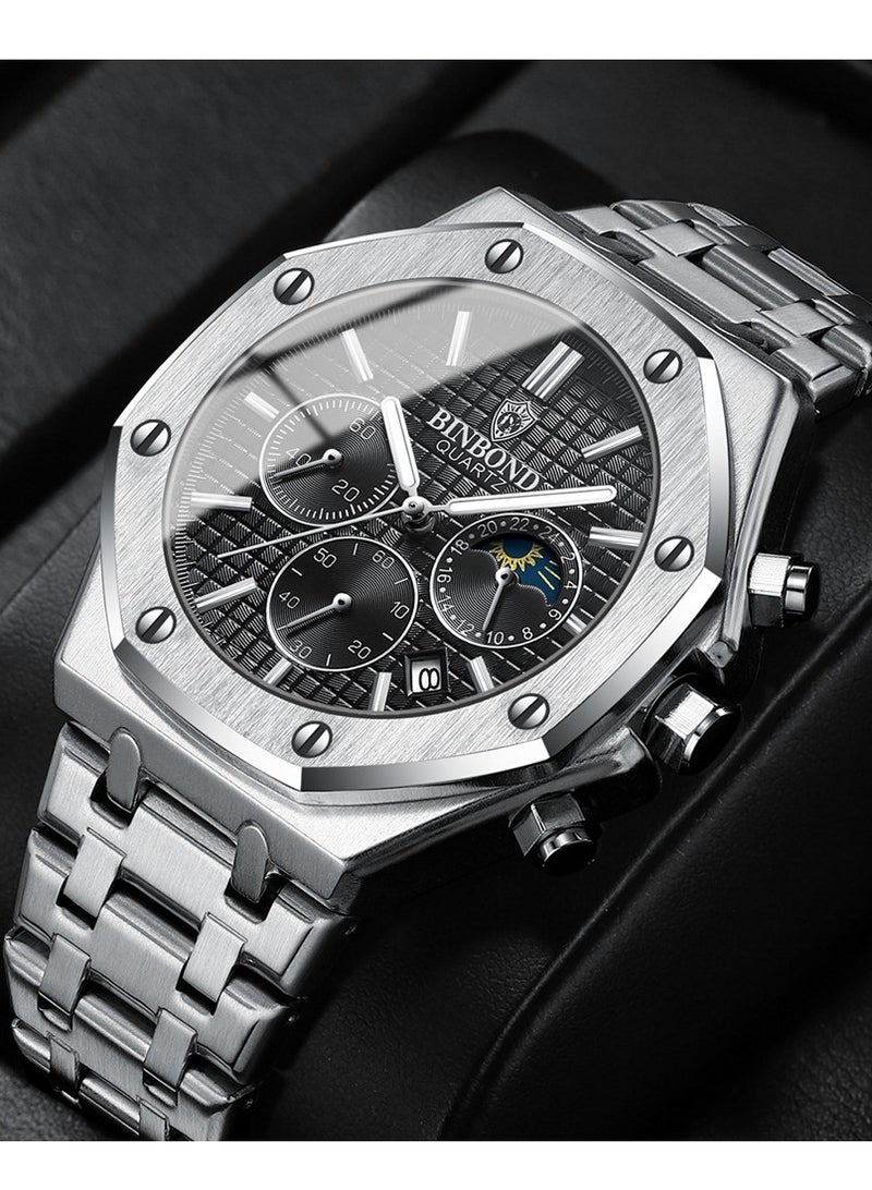 BINBOND Men's New Creative Moon Phase Water Resistant Stainless Steel Chronograph Quartz Watch - Black - Image 2