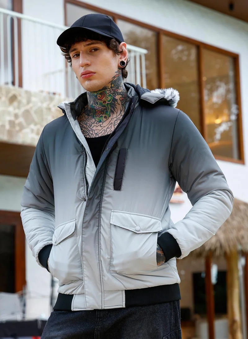 Men's Gradient Zip-Front Puffer Jacket | Stand Collar , Long Regular Sleeves , Flap-Button Closure , Ribbed-Straight Hem | Colourblock Woven Plain For Casual & Daily | Midnight Black