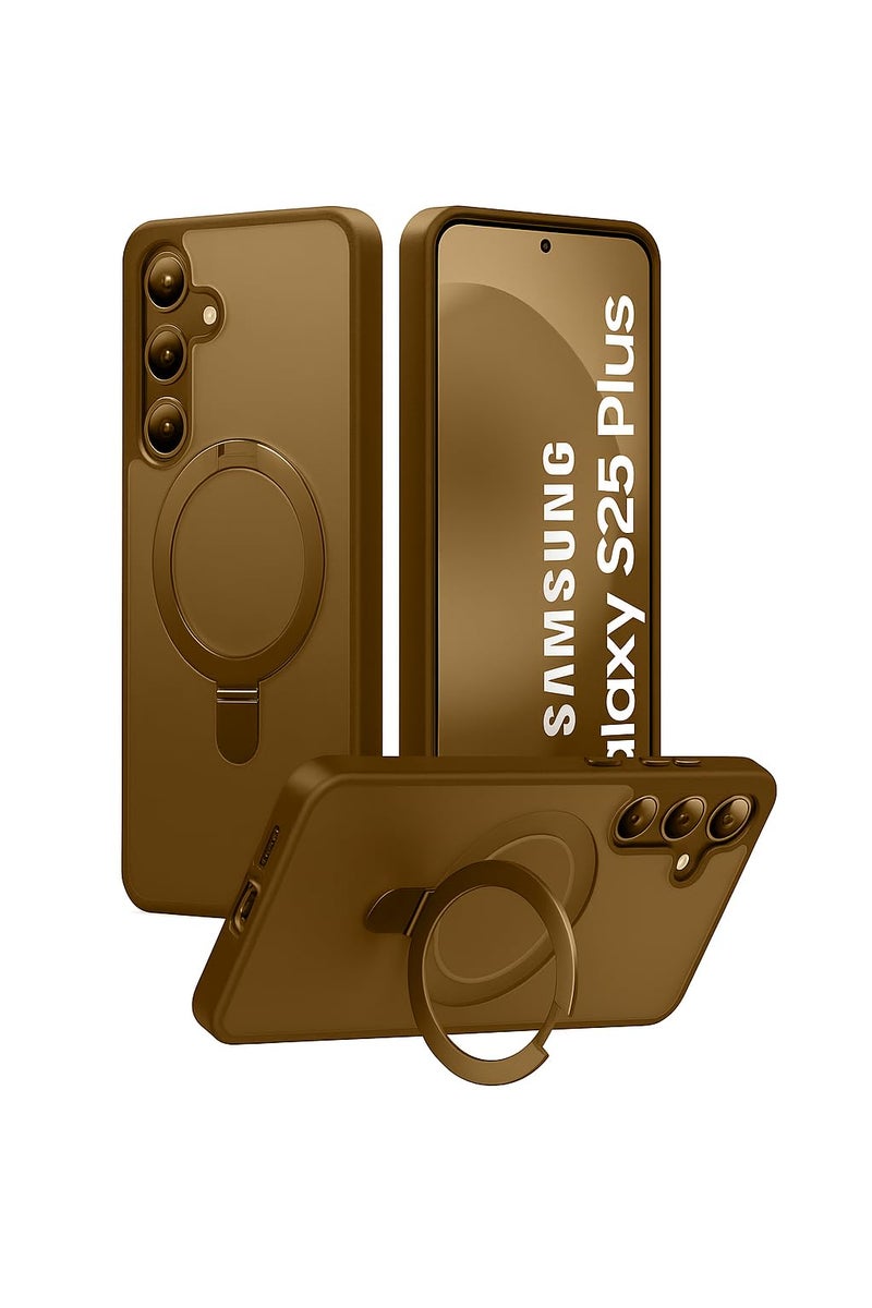 AIBEX Back Cover for Samsung S25+ with OStand Ring Kickstand| Mag-Saf Compatible Magnetic Metal Alloy Ring| Wireless Charging| Slim Thin Scratch Resistant Armor| Shockproof Protective Case - Brown - Image 1
