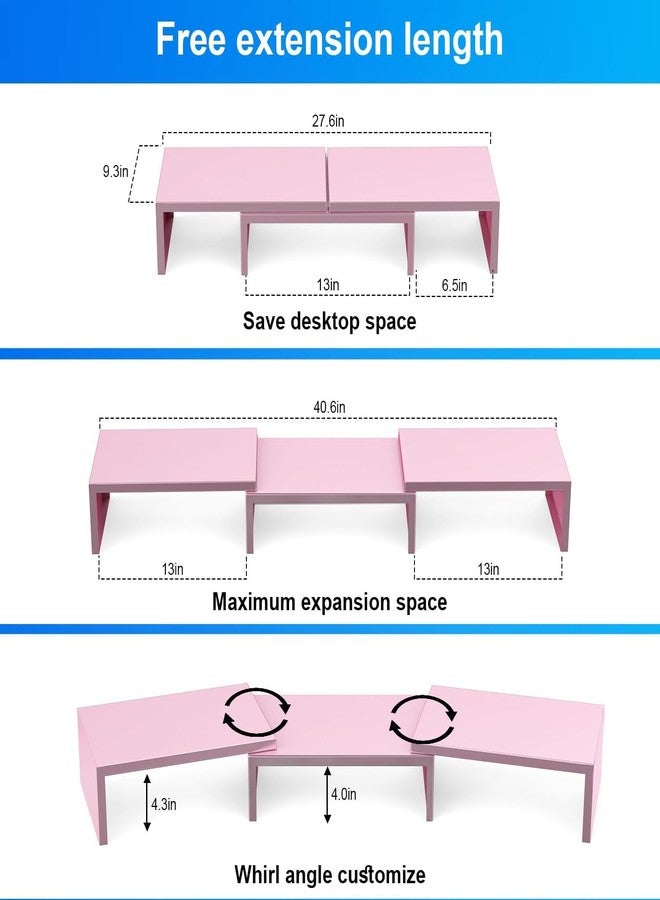 OUTIOE Dual Monitor Stand Riser with Smartphone Holder, Adjustable Length & Swivel Angle, Ergonomic Wooden Desktop Organizer for PC Monitor, Laptop, Printer, Large Storage, Pink - Image 4