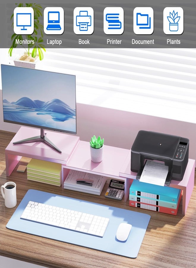 OUTIOE Dual Monitor Stand Riser with Smartphone Holder, Adjustable Length & Swivel Angle, Ergonomic Wooden Desktop Organizer for PC Monitor, Laptop, Printer, Large Storage, Pink - Image 3
