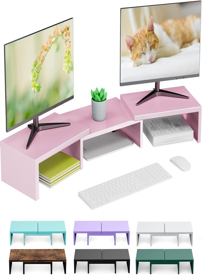 OUTIOE Dual Monitor Stand Riser with Smartphone Holder, Adjustable Length & Swivel Angle, Ergonomic Wooden Desktop Organizer for PC Monitor, Laptop, Printer, Large Storage, Pink - Image 1