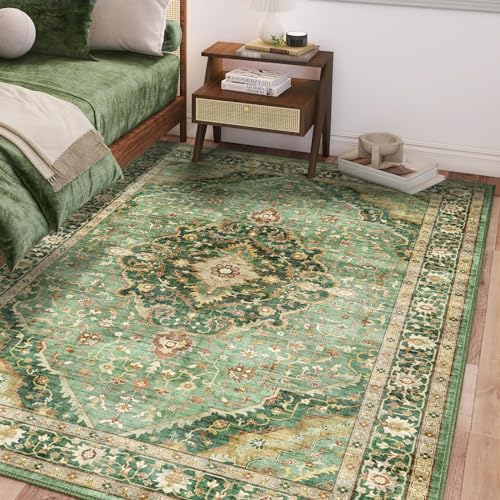 Deerly 6x9 Vintage Rugs for Dining Room, Washable Rugs Non Slip Large Area Rug for Living Room Bedroom Office, Floor Decoration Big Rug Mat Low-Pile Kid & Pet Friendly(Border Green) - Image 5