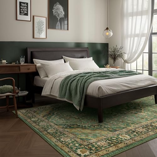 Deerly 6x9 Vintage Rugs for Dining Room, Washable Rugs Non Slip Large Area Rug for Living Room Bedroom Office, Floor Decoration Big Rug Mat Low-Pile Kid & Pet Friendly(Border Green) - Image 1