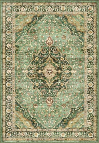 Deerly 6x9 Vintage Rugs for Dining Room, Washable Rugs Non Slip Large Area Rug for Living Room Bedroom Office, Floor Decoration Big Rug Mat Low-Pile Kid & Pet Friendly(Border Green) - Image 3