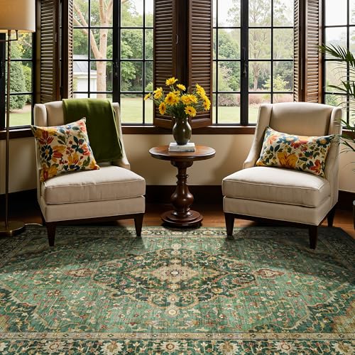 Deerly 6x9 Vintage Rugs for Dining Room, Washable Rugs Non Slip Large Area Rug for Living Room Bedroom Office, Floor Decoration Big Rug Mat Low-Pile Kid & Pet Friendly(Border Green) - Image 4