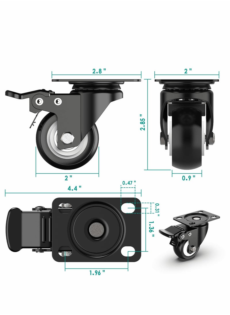 Generic - 2 Inch Swivel Caster Wheels, Heavy Duty Plate Casters with Safety Brake Total Capacity 600lbs, 360 Degree Rotation Pulley for Set of 4 (2 with Brakes and 2 without) - Image 1