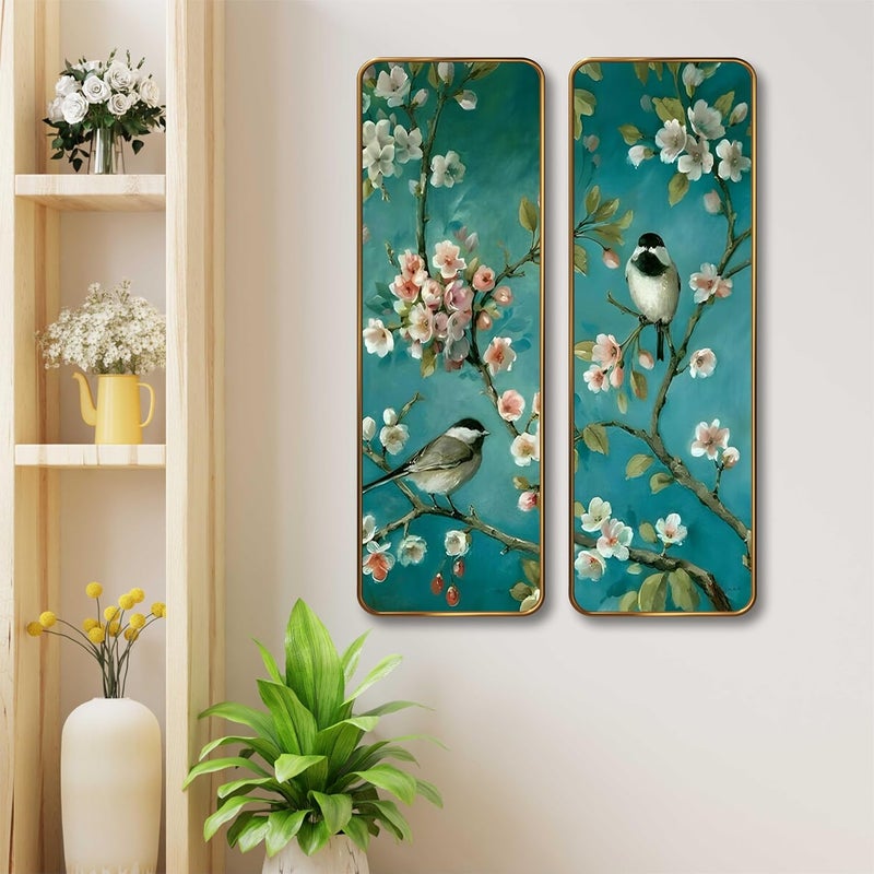SAF Bird & Blossom Set of 2 Vertical MDF Wall Panels | Premium Sparkle Lamination Finish | Elegant Nature Wall Décor for Living Room, Bedroom & Office (12 x 18 Inch) AS-06 - Image 1