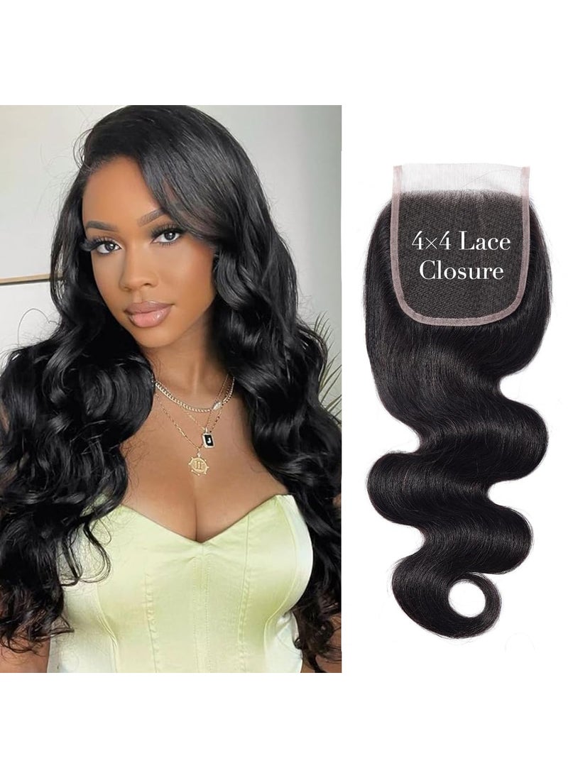 XSY 4X4 HD Lace Closure Human Hair Extensions Body Wave 12A Brazilian Virgin Human Hair Frontal Free Part Closure Pre Plucked with Baby Hair Natural Black 12 Inch 