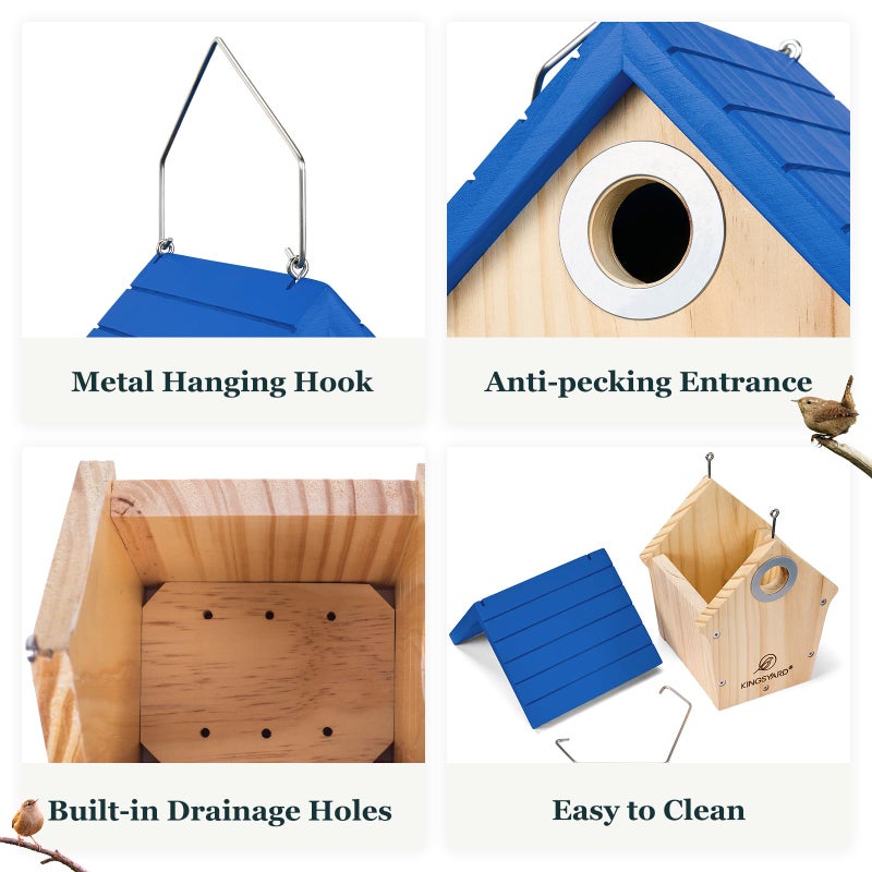 Kingsyard Wooden Wren House with Predator Guard, Bird Nesting for Outdoor, Garden Patio Nest Box Birdhouse for Wild Bird Watching, Royal Blue - Image 3