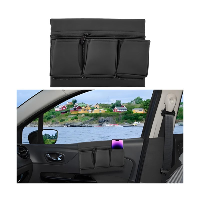 Mandark Car Window Armrest Storage Box, Leather Vehicle Side Door Organizer with Multiple Pockets, Comfortable Automotive Arm Elbow Rest Pad Bag Accessories, Universal for Most Cars (Black) - Image 1