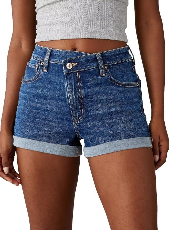 Sidefeel Women's Jean Shorts High Waisted Casual Stretchy Crossover Denim Shorts Size 4 Blue - Image 1
