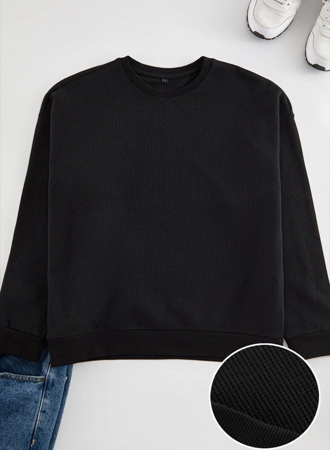 trendyol Black Oversize/Wide Cut Crew Neck Textured Basic Unmarked Sweatshirt - Image 1